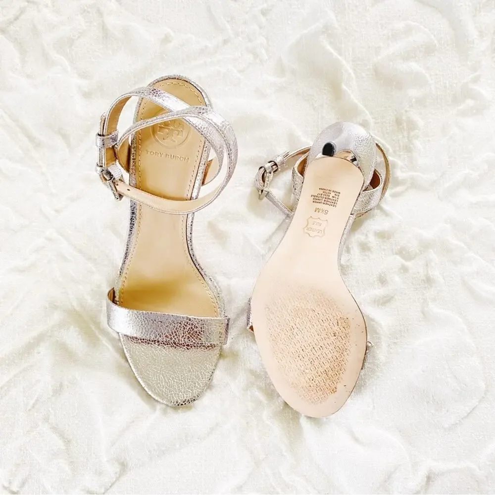 Tory Burch Elana Silver AnkleWrap Heels Size 5.5